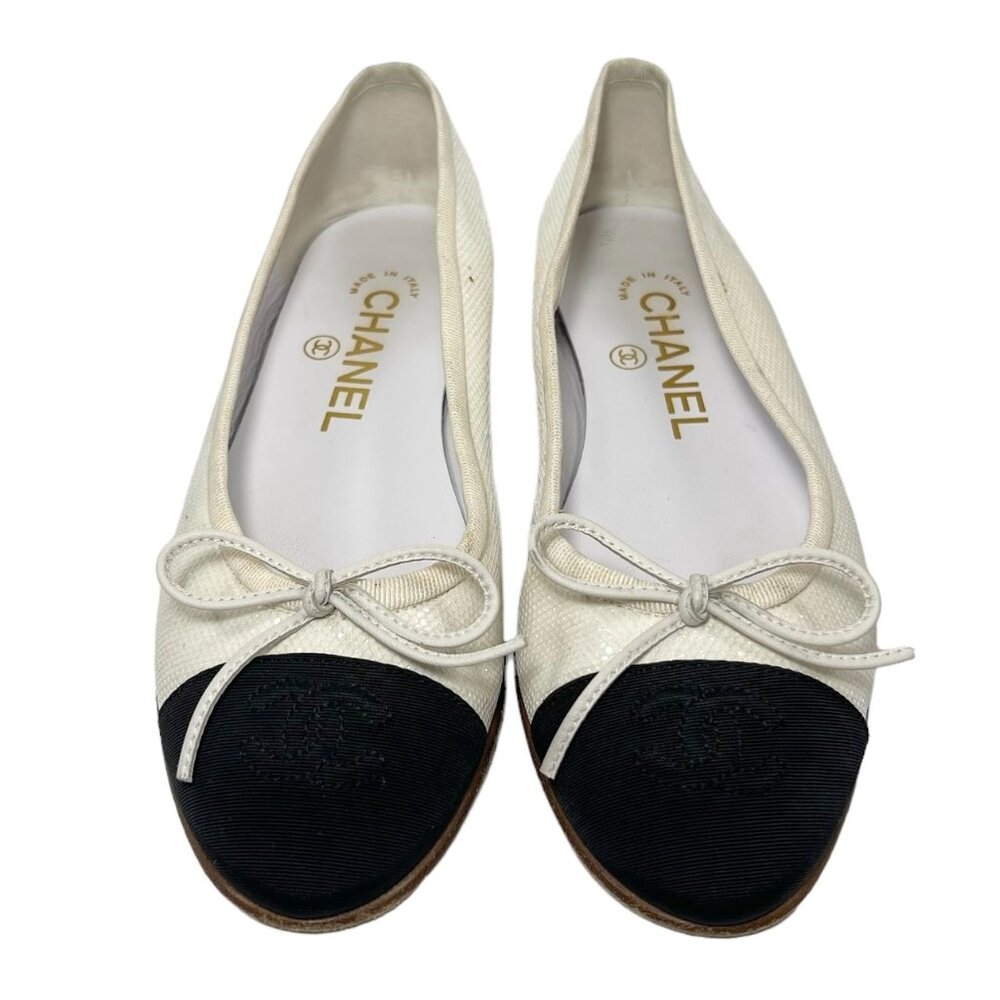 CHANEL CC White Black Sparkle Cap Toe Bow Ballet Flats 35 5